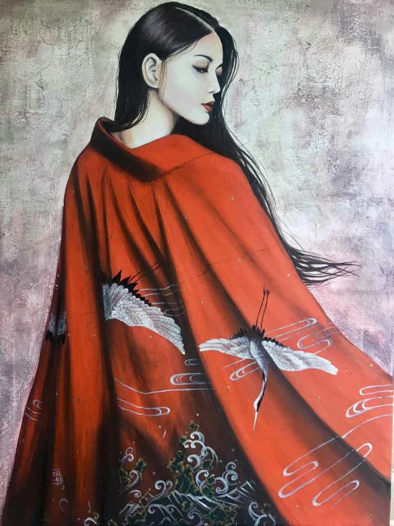 Red Kimono, Silver Cranes