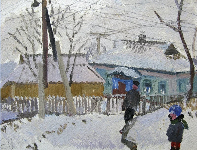 Painting "Winter in the Village." Evgeniya Volobueva, 1977