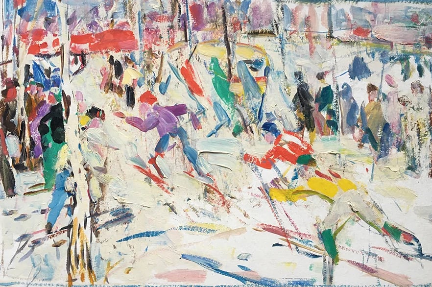 Painting "Skiers. Carpathians" by Evgeny Volobuev