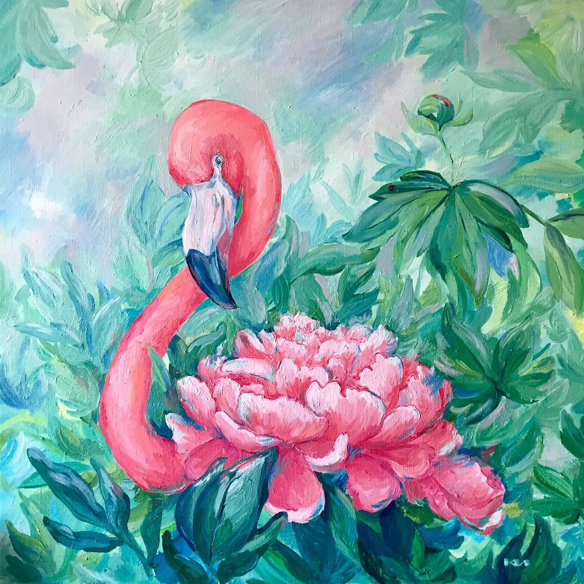 Flamingo in Peonies