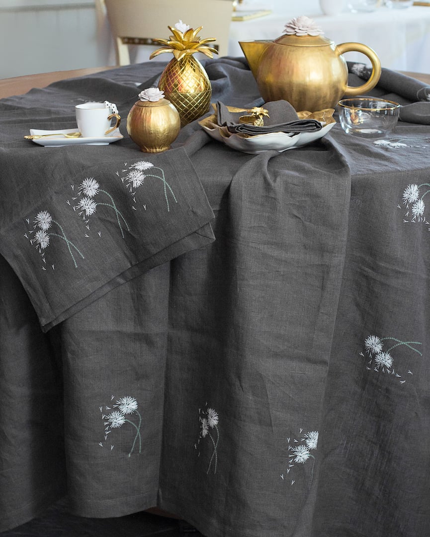 Tablecloth, Dark Grey, Dandelions 150/210