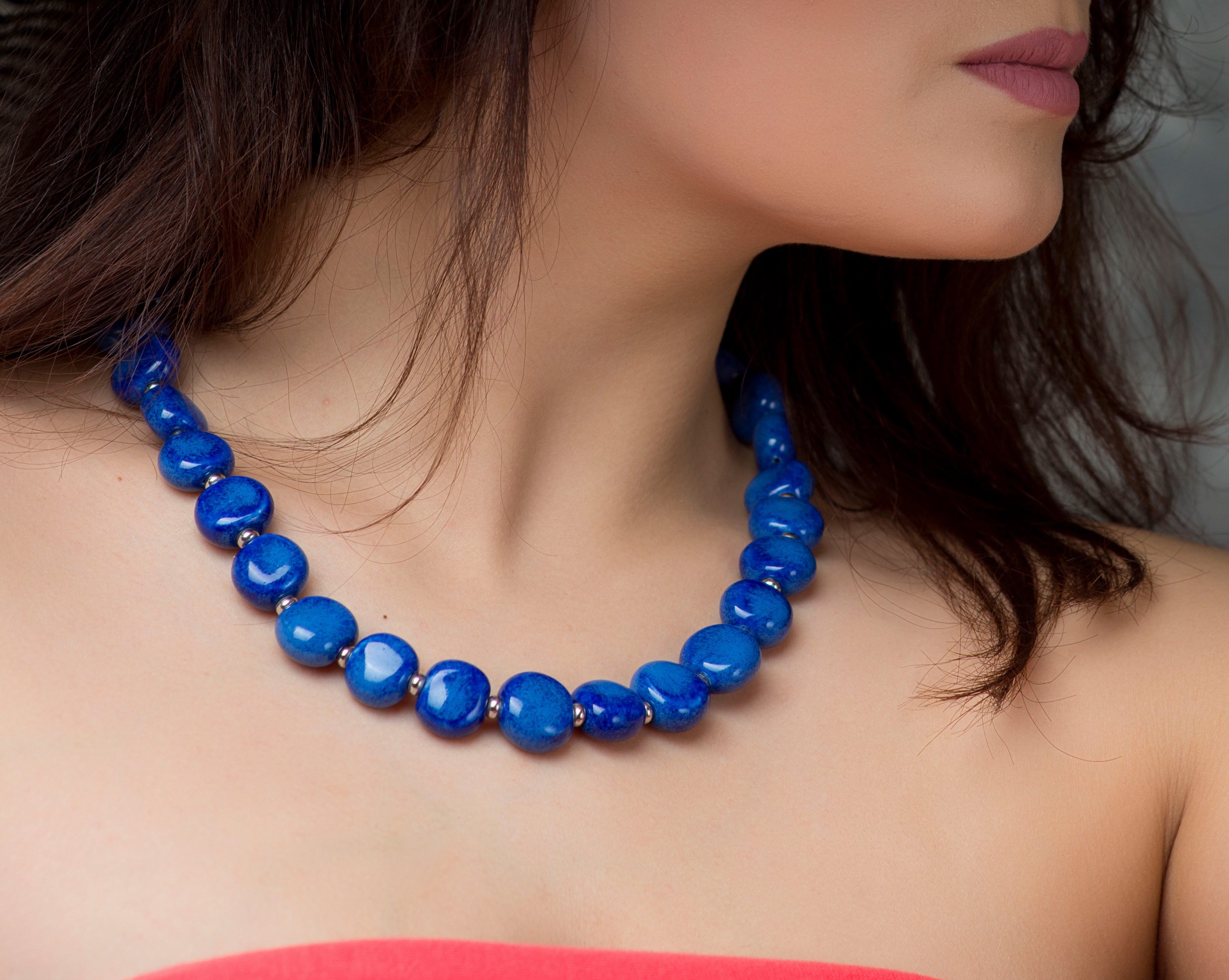 Handmade blue ceramic necklace "Deep Ocean"