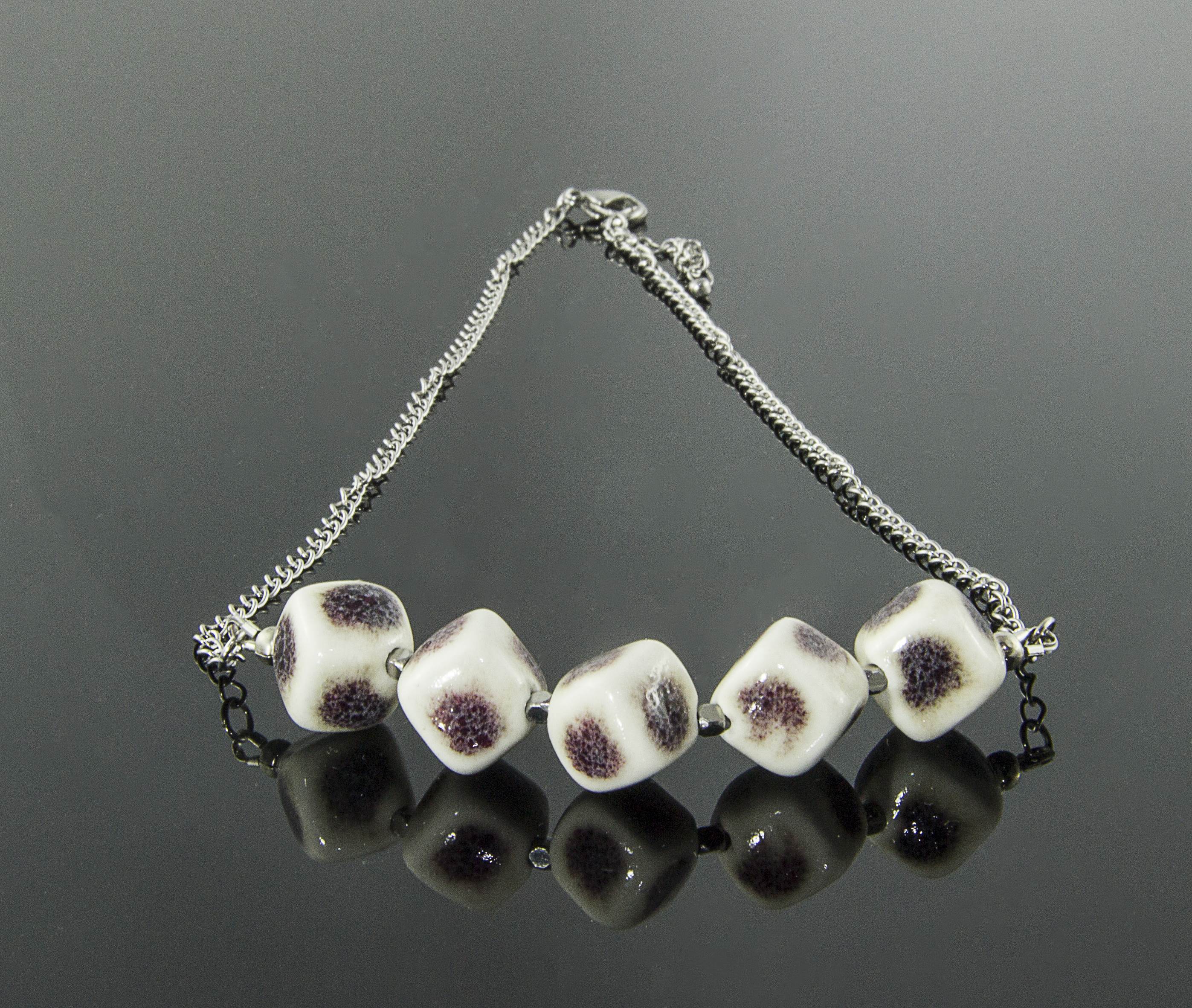 White and burgundy ceramic necklace - handmade