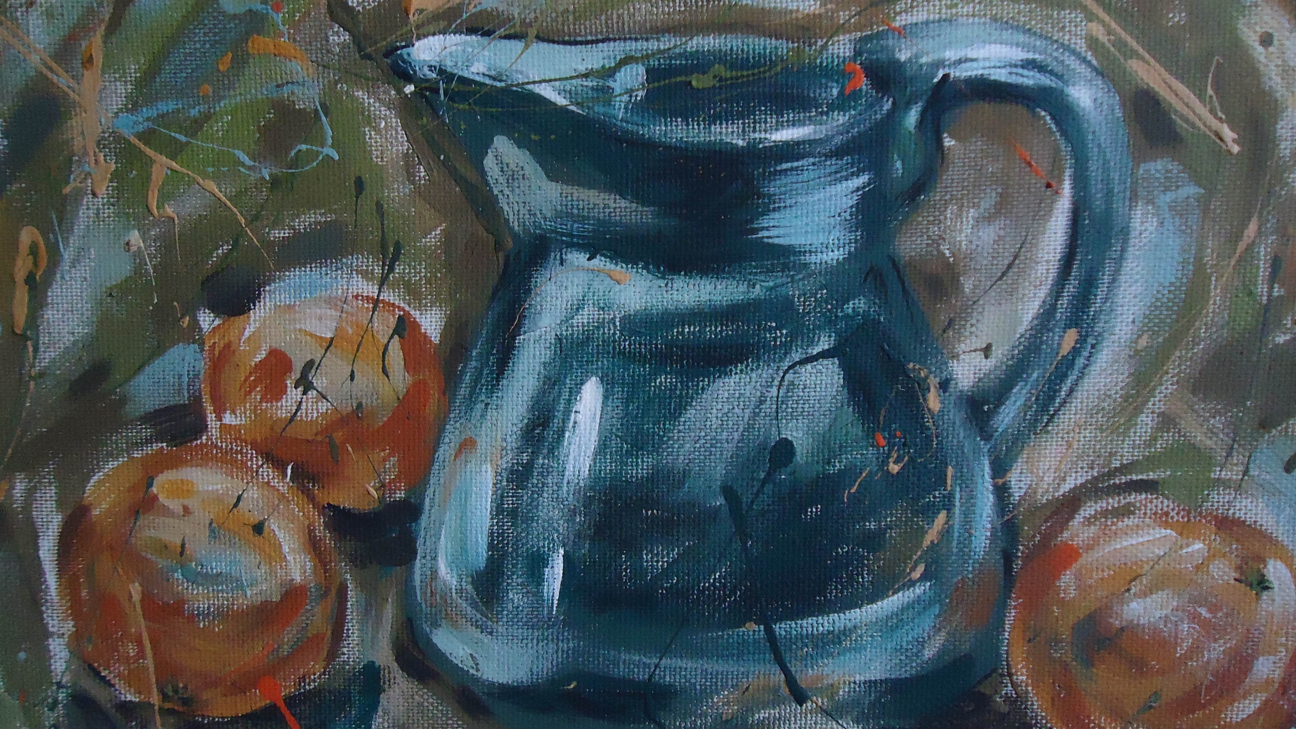"Still life with a green jug and oranges"