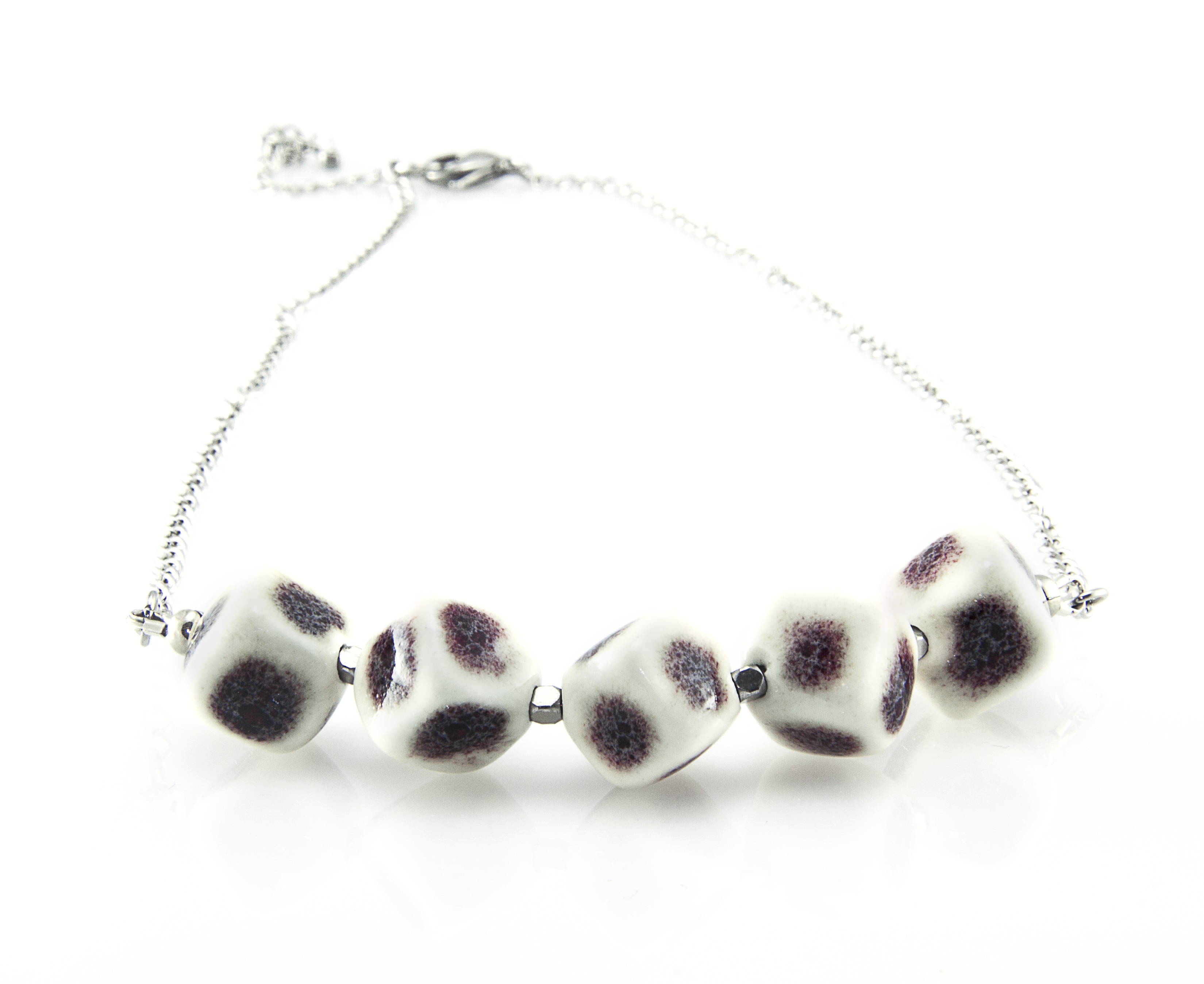 White and burgundy ceramic necklace - handmade