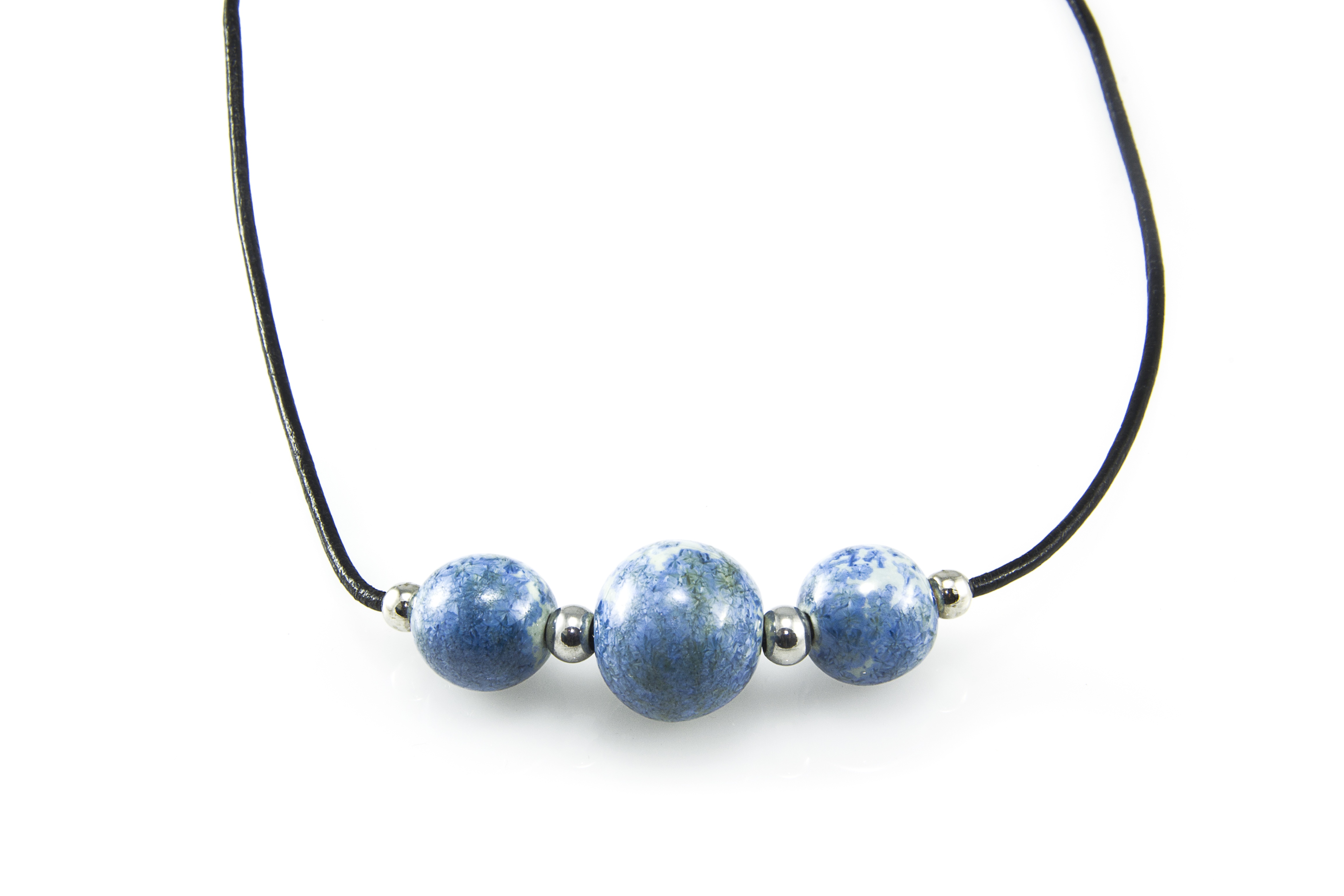Leather necklace with blue ceramic beads